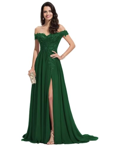 Sincemeet Damen Spitzen Ballkleid Lang Schulterfrei Abendkleid V-Ausschnitt Chiffon formelle Ballkleid mit Schlitz von Sincemeet