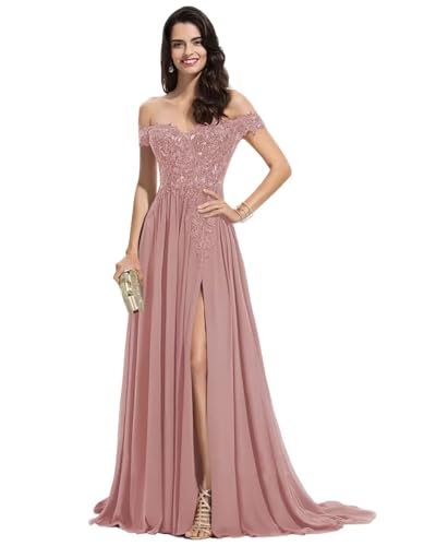 Sincemeet Damen Spitzen Ballkleid Lang Schulterfrei Abendkleid V-Ausschnitt Chiffon formelle Ballkleid mit Schlitz von Sincemeet