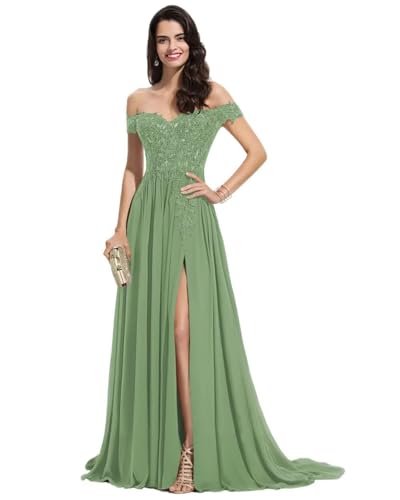Sincemeet Damen Spitzen Ballkleid Lang Schulterfrei Abendkleid V-Ausschnitt Chiffon formelle Ballkleid mit Schlitz von Sincemeet
