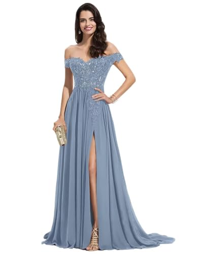 Sincemeet Damen Spitzen Ballkleid Lang Schulterfrei Abendkleid V-Ausschnitt Chiffon formelle Ballkleid mit Schlitz von Sincemeet