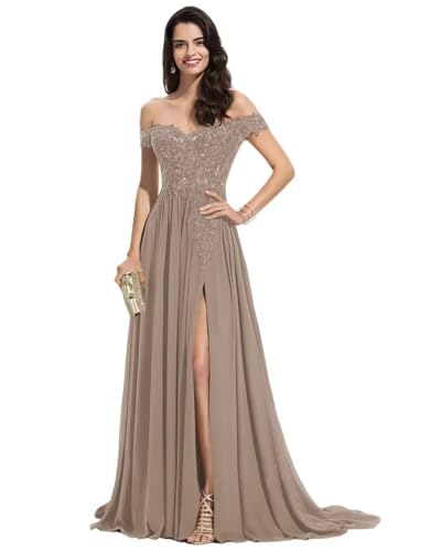 Sincemeet Damen Spitzen Ballkleid Lang Schulterfrei Abendkleid V-Ausschnitt Chiffon formelle Ballkleid mit Schlitz von Sincemeet