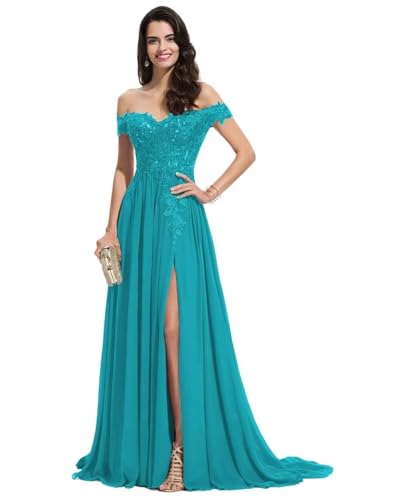 Sincemeet Damen Spitzen Ballkleid Lang Schulterfrei Abendkleid V-Ausschnitt Chiffon formelle Ballkleid mit Schlitz von Sincemeet