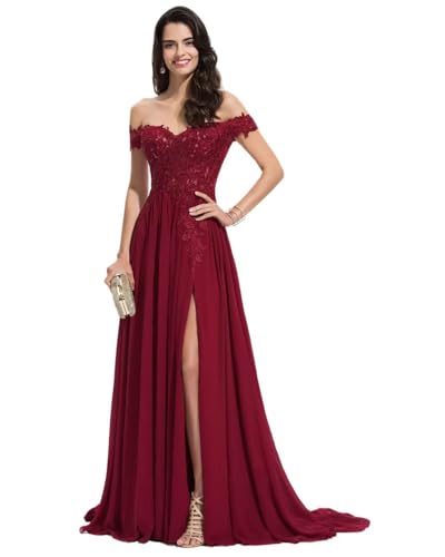 Sincemeet Damen Spitzen Ballkleid Lang Schulterfrei Abendkleid V-Ausschnitt Chiffon formelle Ballkleid mit Schlitz Sincemeet Damen Spitzen Ballkleid Lang Schulterfrei Abendkleid V-Ausschnitt Chiffon formelle Ballkleid mit Schlitz von Sincemeet
