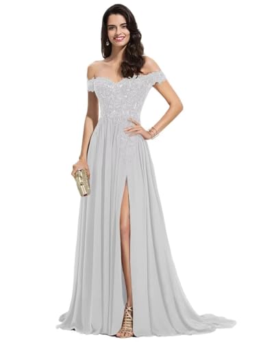 Sincemeet Damen Spitzen Ballkleid Lang Schulterfrei Abendkleid V-Ausschnitt Chiffon formelle Ballkleid mit Schlitz von Sincemeet