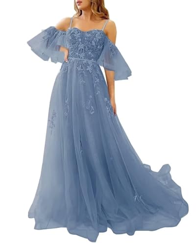 Sincemeet Damen Spitzenapplikation Brautjungfernkleid Spaghettiträger Tüllkleid Lange Schulterfrei Abendkleider Ballkleider Cocktailkleid von Sincemeet
