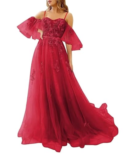 Sincemeet Damen Spitzenapplikation Brautjungfernkleid Spaghettiträger Tüllkleid Lange Schulterfrei Abendkleider Ballkleider Cocktailkleid von Sincemeet