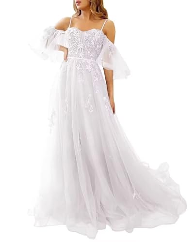 Sincemeet Damen Spitzenapplikation Brautjungfernkleid Spaghettiträger Tüllkleid Lange Schulterfrei Abendkleider Ballkleider Cocktailkleid von Sincemeet