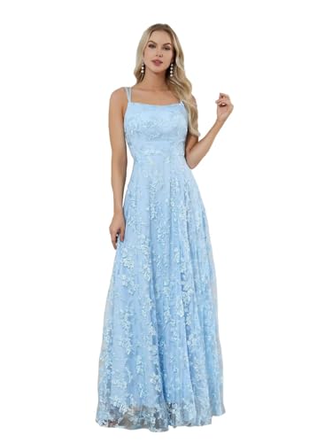 Sincemeet Damen Tüll Spitzen Applikationen Ballkleider Spaghettiträger Rückenfrei Formelle Abendkleider mit Schlitz von Sincemeet