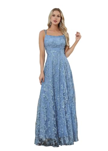 Sincemeet Damen Tüll Spitzen Applikationen Ballkleider Spaghettiträger Rückenfrei Formelle Abendkleider mit Schlitz von Sincemeet