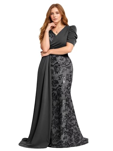 Sincemeet Damen Übergröße Pailletten Ballkleid Kurzarm V-Ausschnitt Meerjungfrau Abendkleid für Hochzeiten von Sincemeet