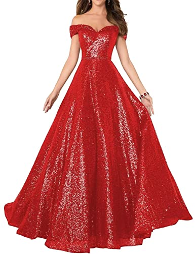 Sincemeet Damen V-Ausschnitt Off Shoulder Ballkleid Pailletten Lang Brautjungfernkleider Lang Cocktail-Abendkleid von Sincemeet