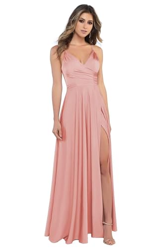 Sincemeet Damen V-Ausschnitt Spaghettiträger Satin Brautjungfernkleider formeller Satin Abschlussball Abendkleider mit Schlitz von Sincemeet