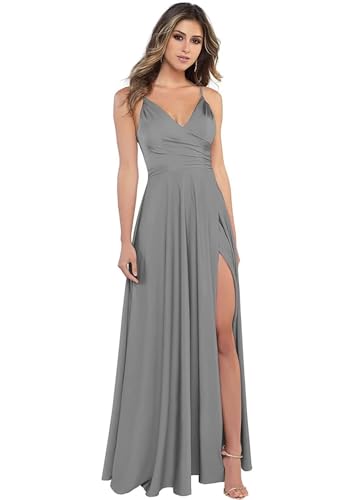 Sincemeet Damen V-Ausschnitt Spaghettiträger Satin Brautjungfernkleider formeller Satin Abschlussball Abendkleider mit Schlitz von Sincemeet