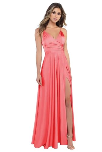 Sincemeet Damen V-Ausschnitt Spaghettiträger Satin Brautjungfernkleider formeller Satin Abschlussball Abendkleider mit Schlitz von Sincemeet