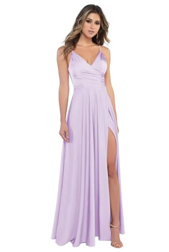 Sincemeet Damen V-Ausschnitt Spaghettiträger Satin Brautjungfernkleider formeller Satin Abschlussball Abendkleider mit Schlitz von Sincemeet