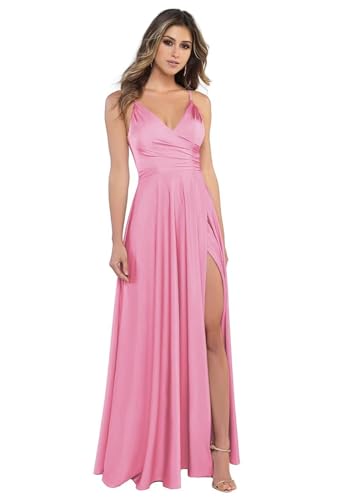 Sincemeet Damen V-Ausschnitt Spaghettiträger Satin Brautjungfernkleider formeller Satin Abschlussball Abendkleider mit Schlitz von Sincemeet