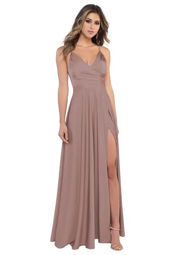 Sincemeet Damen V-Ausschnitt Spaghettiträger Satin Brautjungfernkleider formeller Satin Abschlussball Abendkleider mit Schlitz von Sincemeet