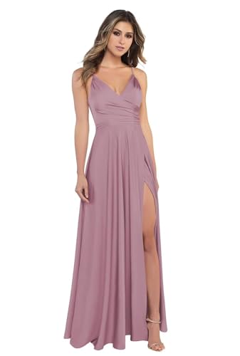 Sincemeet Damen V-Ausschnitt Spaghettiträger Satin Brautjungfernkleider formeller Satin Abschlussball Abendkleider mit Schlitz von Sincemeet