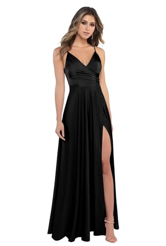 Sincemeet Damen V-Ausschnitt Spaghettiträger Satin Brautjungfernkleider formeller Satin Abschlussball Abendkleider mit Schlitz von Sincemeet