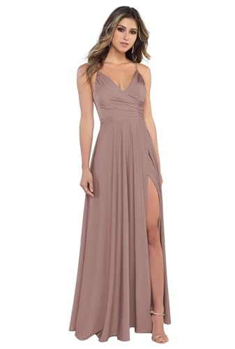 Sincemeet Damen V-Ausschnitt Spaghettiträger Satin Brautjungfernkleider formeller Satin Abschlussball Abendkleider mit Schlitz von Sincemeet