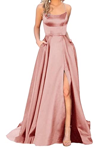 Sincemeet Elegant Spaghettiträger Satin Abendkleid Seitenschlitz Brautjunfernkleid Lang Rückenfrei Cocktailkleid Mit Taschen von Sincemeet