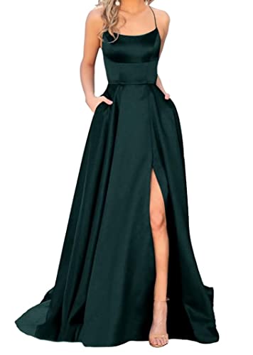 Sincemeet Elegant Spaghettiträger Satin Abendkleid Seitenschlitz Brautjunfernkleid Lang Rückenfrei Cocktailkleid Mit Taschen von Sincemeet