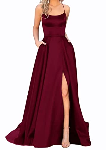 Sincemeet Elegant Spaghettiträger Satin Abendkleid Seitenschlitz Brautjunfernkleid Lang Rückenfrei Cocktailkleid Mit Taschen von Sincemeet