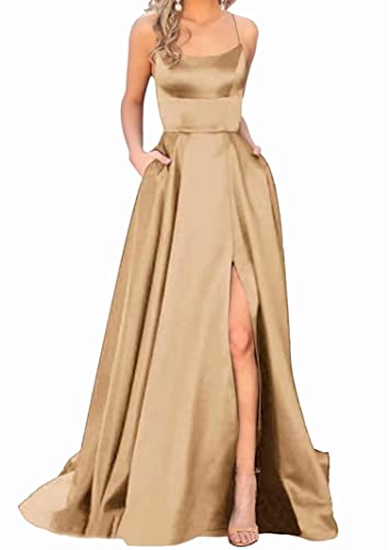 Sincemeet Elegant Spaghettiträger Satin Abendkleid Seitenschlitz Brautjunfernkleid Lang Rückenfrei Cocktailkleid Mit Taschen von Sincemeet