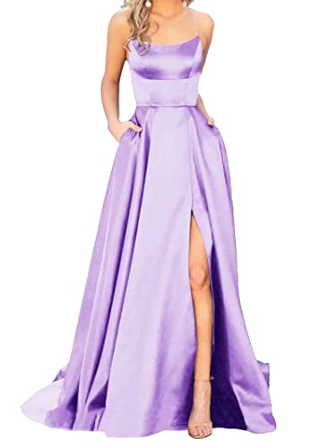 Sincemeet Elegant Spaghettiträger Satin Abendkleid Seitenschlitz Brautjunfernkleid Lang Rückenfrei Cocktailkleid Mit Taschen von Sincemeet