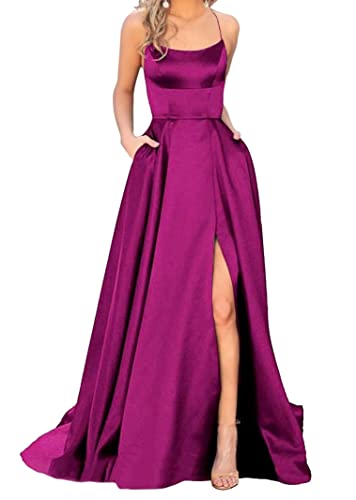 Sincemeet Elegant Spaghettiträger Satin Abendkleid Seitenschlitz Brautjunfernkleid Lang Rückenfrei Cocktailkleid Mit Taschen von Sincemeet