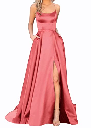 Sincemeet Elegant Spaghettiträger Satin Abendkleid Seitenschlitz Brautjunfernkleid Lang Rückenfrei Cocktailkleid Mit Taschen von Sincemeet