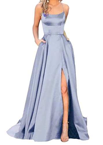 Sincemeet Elegant Spaghettiträger Satin Abendkleid Seitenschlitz Brautjunfernkleid Lang Rückenfrei Cocktailkleid Mit Taschen von Sincemeet