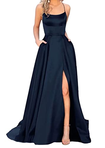 Sincemeet Elegant Spaghettiträger Satin Abendkleid Seitenschlitz Brautjunfernkleid Lang Rückenfrei Cocktailkleid Mit Taschen von Sincemeet