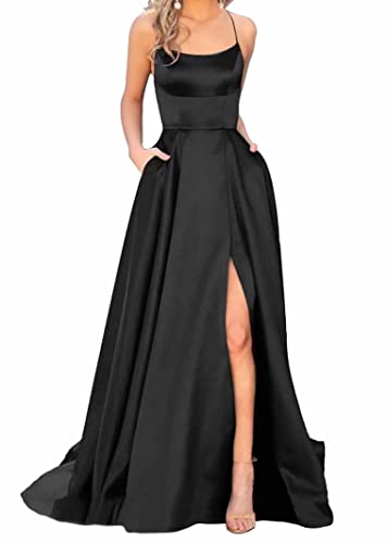 Sincemeet Elegant Spaghettiträger Satin Abendkleid Seitenschlitz Brautjunfernkleid Lang Rückenfrei Cocktailkleid Mit Taschen von Sincemeet