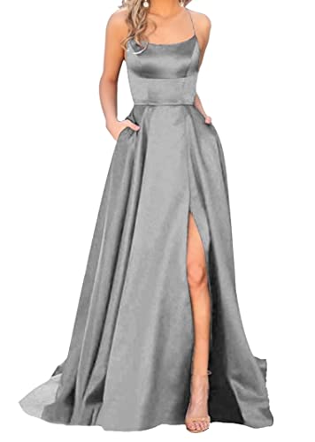 Sincemeet Elegant Spaghettiträger Satin Abendkleid Seitenschlitz Brautjunfernkleid Lang Rückenfrei Cocktailkleid Mit Taschen von Sincemeet