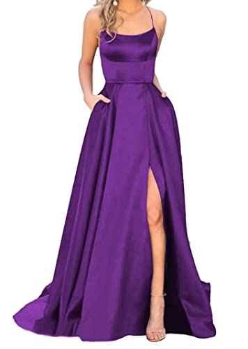 Sincemeet Elegant Spaghettiträger Satin Abendkleid Seitenschlitz Brautjunfernkleid Lang Rückenfrei Cocktailkleid Mit Taschen von Sincemeet