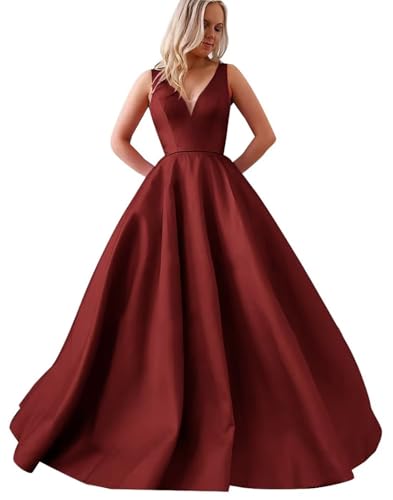 Sincemeet Formelles Satin Ballkleid Elegantes Hochzeitskleid mit V-Ausschnitt Lange A-Linie Satin Quinceanera-Kleider von Sincemeet