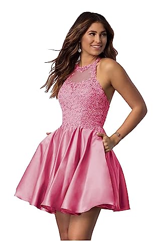 Sincemeet Halfter Kurze Ballkleider Satin Heimkehrkleid Spitzenapplikation Abendkleid Teenager Ärmelloses Mini-Cocktailkleid von Sincemeet