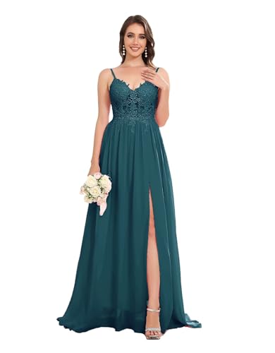Sincemeet Lang Abendkleid mit Spitze Spaghettiträgern V-Ausschnitt Chiffon Ballkleider Abschlussball Kleider mit Schlitz Sincemeet Lang Abendkleid mit Spitze Spaghettiträgern V-Ausschnitt Chiffon Ballkleider Abschlussball Kleider mit Schlitz von Sincemeet