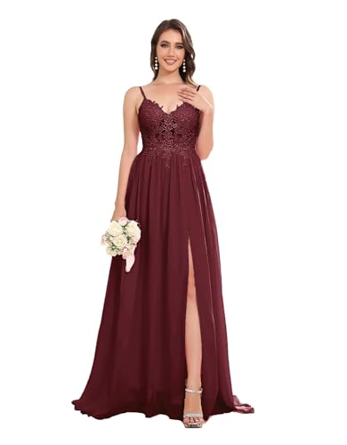 Sincemeet Lang Abendkleid mit Spitze Spaghettiträgern V-Ausschnitt Chiffon Ballkleider Abschlussball Kleider mit Schlitz von Sincemeet