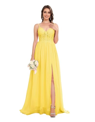 Sincemeet Lang Abendkleid mit Spitze Spaghettiträgern V-Ausschnitt Chiffon Ballkleider Abschlussball Kleider mit Schlitz von Sincemeet