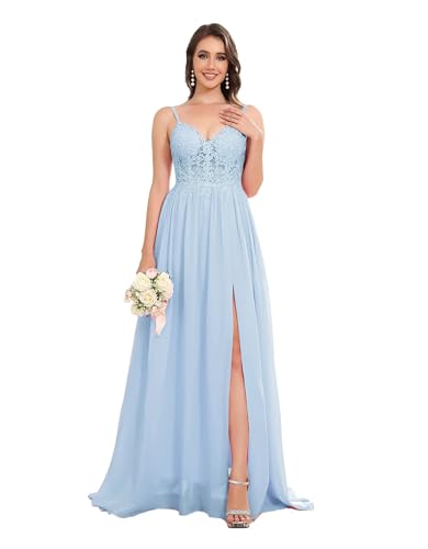 Sincemeet Lang Abendkleid mit Spitze Spaghettiträgern V-Ausschnitt Chiffon Ballkleider Abschlussball Kleider mit Schlitz Sincemeet Lang Abendkleid mit Spitze Spaghettiträgern V-Ausschnitt Chiffon Ballkleider Abschlussball Kleider mit Schlitz von Sincemeet