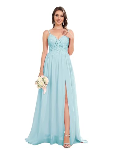 Sincemeet Lang Abendkleid mit Spitze Spaghettiträgern V-Ausschnitt Chiffon Ballkleider Abschlussball Kleider mit Schlitz von Sincemeet