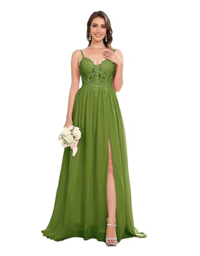 Sincemeet Lang Abendkleid mit Spitze Spaghettiträgern V-Ausschnitt Chiffon Ballkleider Abschlussball Kleider mit Schlitz von Sincemeet