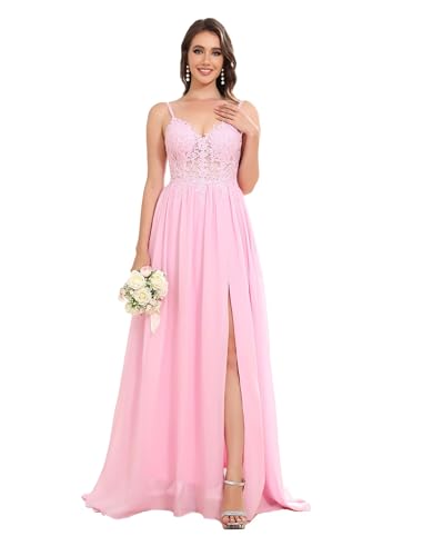 Sincemeet Lang Abendkleid mit Spitze Spaghettiträgern V-Ausschnitt Chiffon Ballkleider Abschlussball Kleider mit Schlitz von Sincemeet