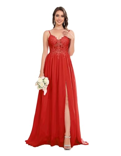 Sincemeet Lang Abendkleid mit Spitze Spaghettiträgern V-Ausschnitt Chiffon Ballkleider Abschlussball Kleider mit Schlitz von Sincemeet