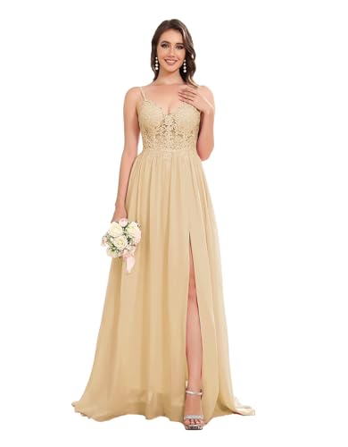 Sincemeet Lang Abendkleid mit Spitze Spaghettiträgern V-Ausschnitt Chiffon Ballkleider Abschlussball Kleider mit Schlitz Sincemeet Lang Abendkleid mit Spitze Spaghettiträgern V-Ausschnitt Chiffon Ballkleider Abschlussball Kleider mit Schlitz von Sincemeet