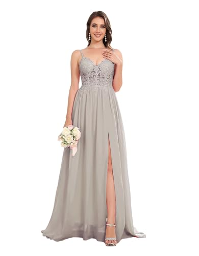 Sincemeet Lang Abendkleid mit Spitze Spaghettiträgern V-Ausschnitt Chiffon Ballkleider Abschlussball Kleider mit Schlitz von Sincemeet