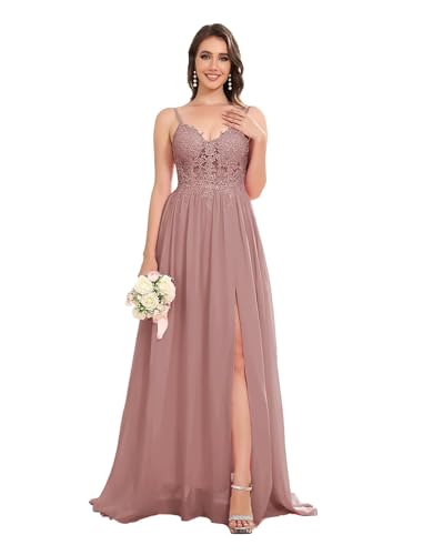 Sincemeet Lang Abendkleid mit Spitze Spaghettiträgern V-Ausschnitt Chiffon Ballkleider Abschlussball Kleider mit Schlitz von Sincemeet