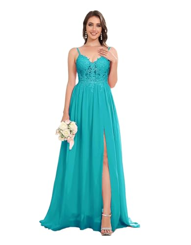 Sincemeet Lang Abendkleid mit Spitze Spaghettiträgern V-Ausschnitt Chiffon Ballkleider Abschlussball Kleider mit Schlitz Sincemeet Lang Abendkleid mit Spitze Spaghettiträgern V-Ausschnitt Chiffon Ballkleider Abschlussball Kleider mit Schlitz von Sincemeet